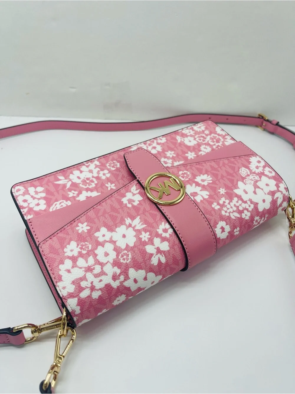 MICHAEL KORS Greenwich Md Printed MK Logo Convertible Shoulder Carnation  NWT